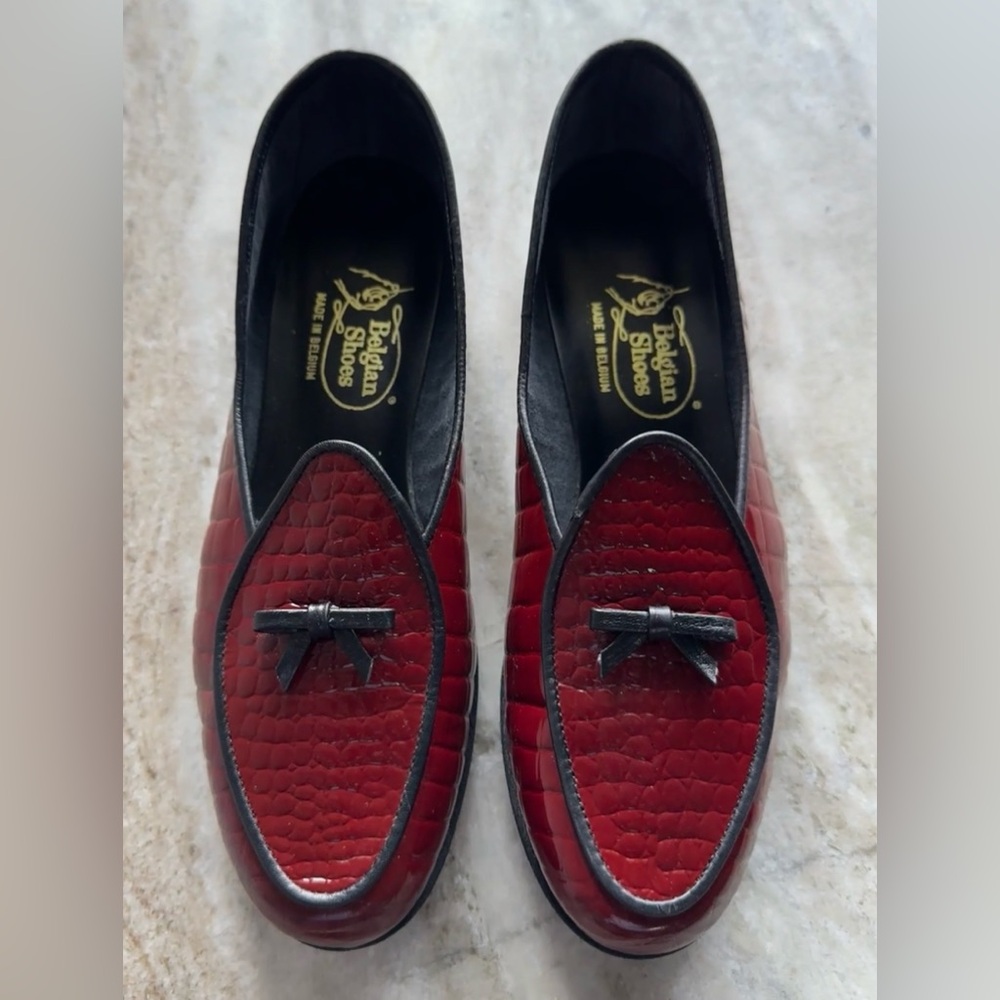 Belgian Shoes Travelette Slippers Burgundy Crocodile Croco Patent Loafers 6